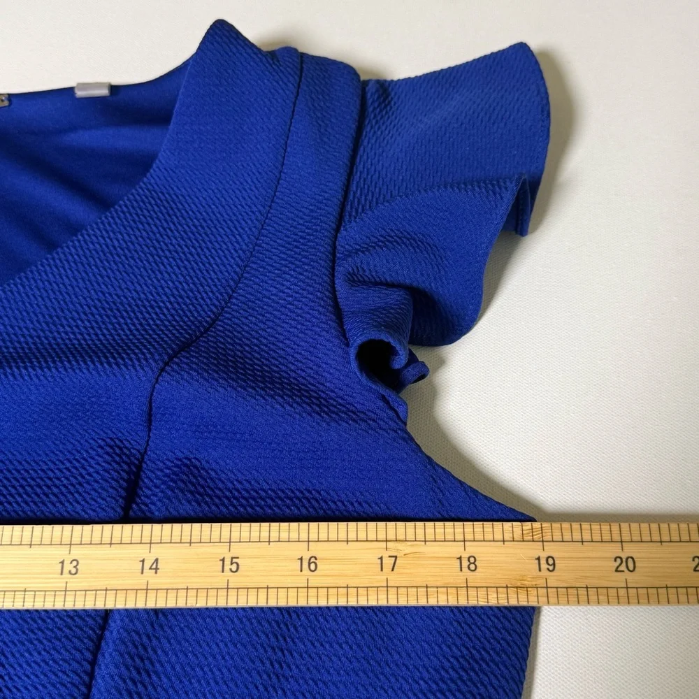 Tahari Royal Blue Textured Midi Dress Size 10 Flutter Sleeve Belted Career - Picture 11 of 11
